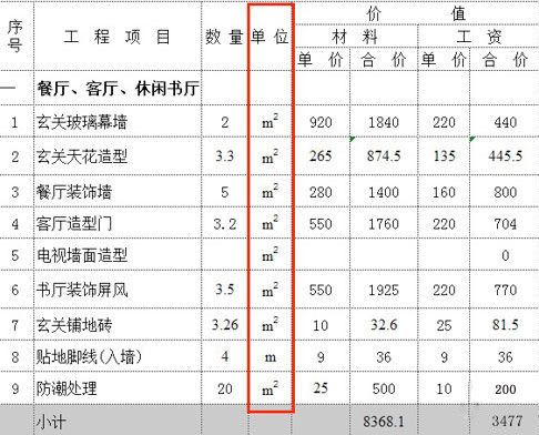 装修预算表单位效果图