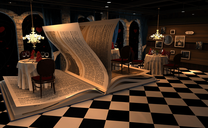 爱丽丝漫游仙境主题餐厅浪漫大厅装修设计案例效果图