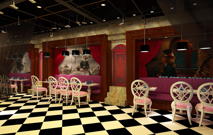 爱丽丝漫游仙境主题餐厅背景墙装修设计案例效果图