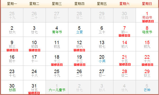 2016年5月装修开工黄道吉日