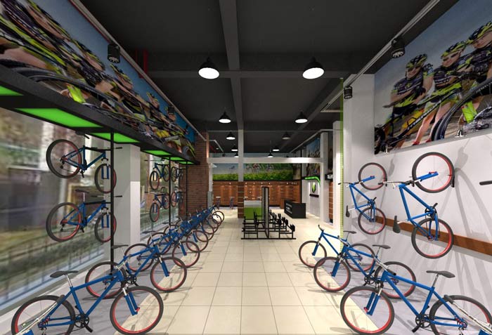 潮流、时尚自行车店自行车摆放区域装修设计案例效果图
