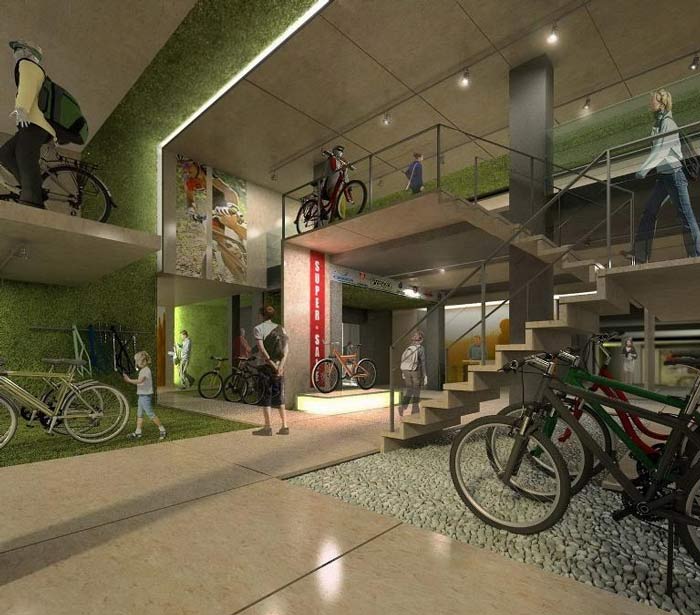绿色天然草坪自行车店楼梯装修设计案例效果图