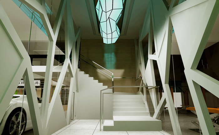 700平方米汽车美容店楼梯装修设计案例效果图