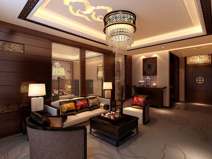 中式风格私人会所客厅装修设计案例效果图