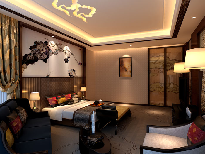 中式风格私人会所卧室装修设计案例效果图