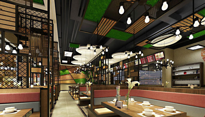 中式复古自助餐厅大厅装修设计案例效果图