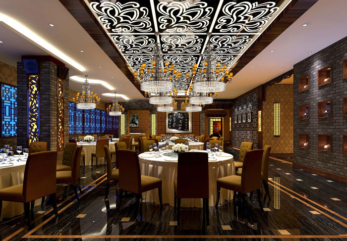 简洁、大气中式餐厅大厅装修设计案例效果图