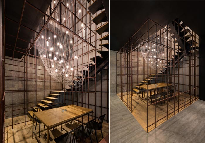 铁架与钢丝塑造200平方层次分明的餐厅楼梯区域设计方案效果图