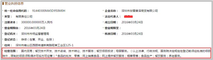 深圳市甘霖普泽商贸公司经营范围截图