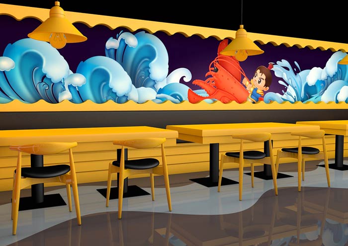 小龙虾主题餐厅墙画装修设计效果图