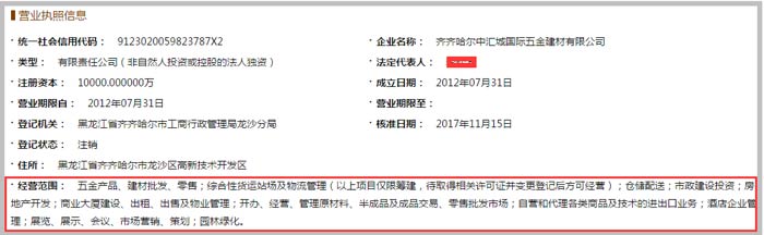 中汇城国际五金建材公司经营范围截图