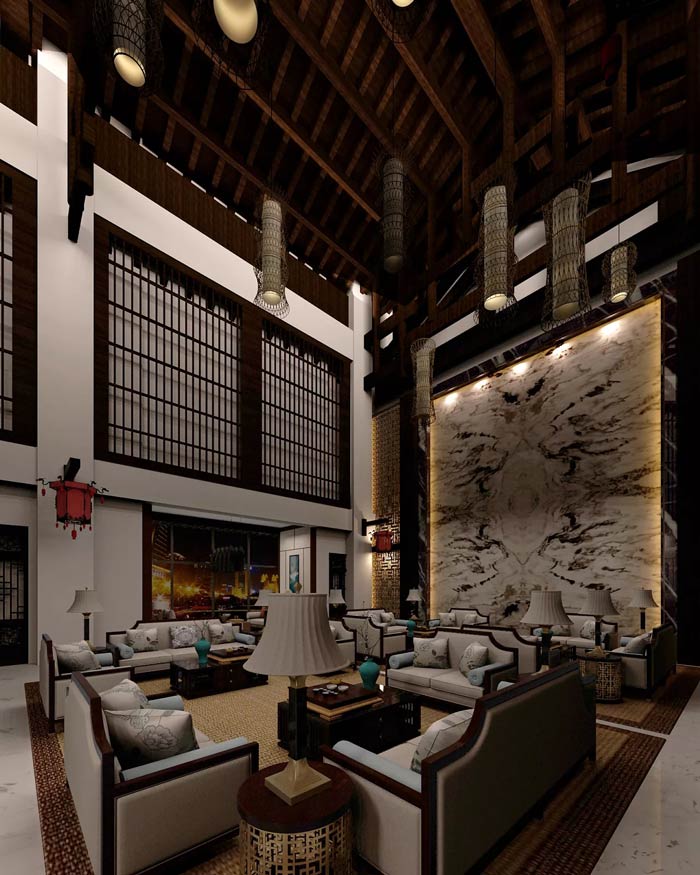 大型中式餐厅接待区装修设计效果图