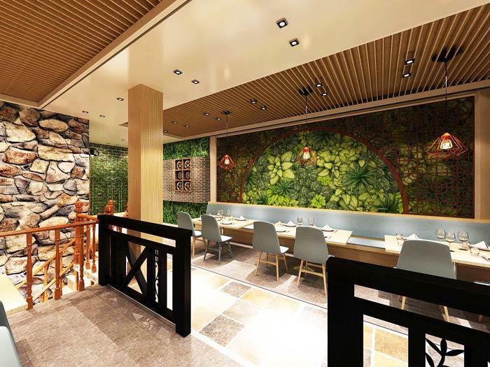连锁中式快餐店拐角餐区装修设计效果图