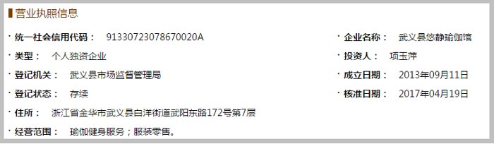 武义县悠静瑜伽馆营业执照示意图
