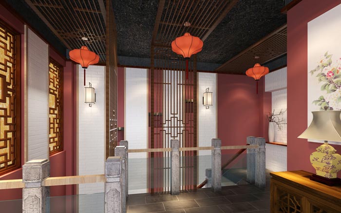 新中式川菜馆三楼楼梯装修设计效果图