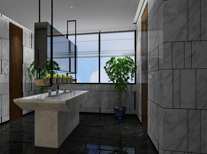 新中式办公楼洗手池设计方案效果图