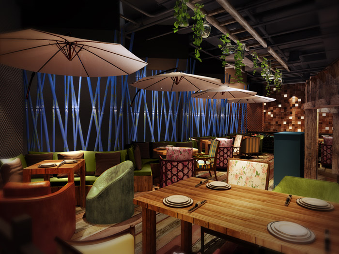 油纸伞主题餐厅餐区装修设计效果图