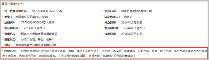珲春弘月亮投资有限公司经营范围示意图