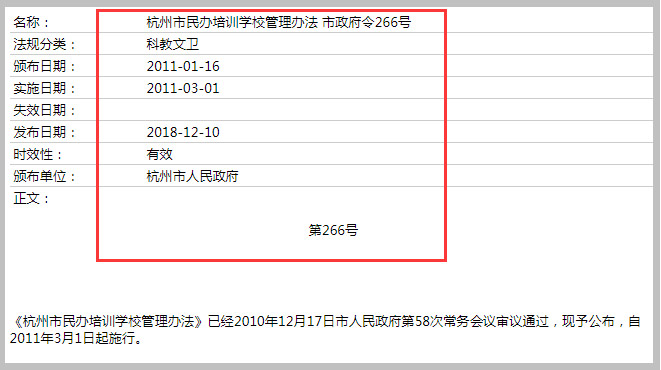 《杭州市民办培训学校管理办法 市政府令266号》截图