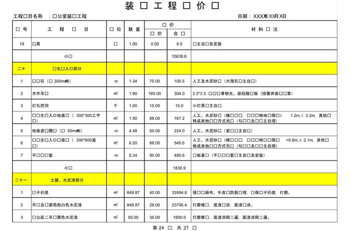 办公室装修费用预算表
